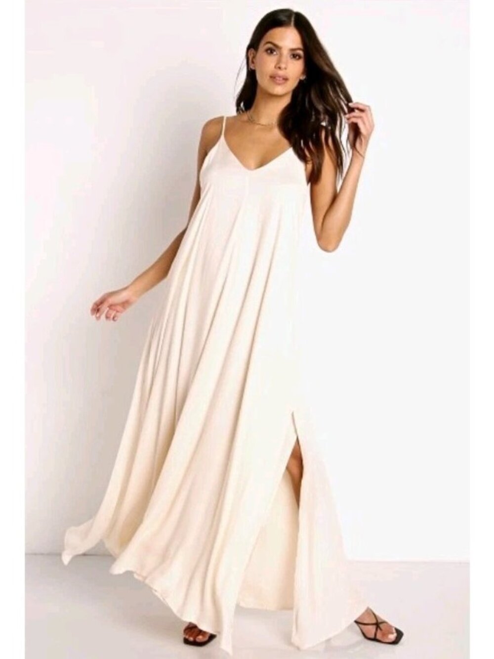 Indah Rain Maxi Dress Boho Flowy Casual Lightweight Event Pockets Size S Ivory